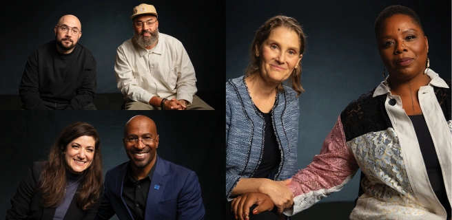 Composite of three paired portraits; Peter Rosenberg with Ebro Darden, Rabbi Susan Goldberg with Patrisse Cullors, and Batya Ungar-Sargon with Van Jones.